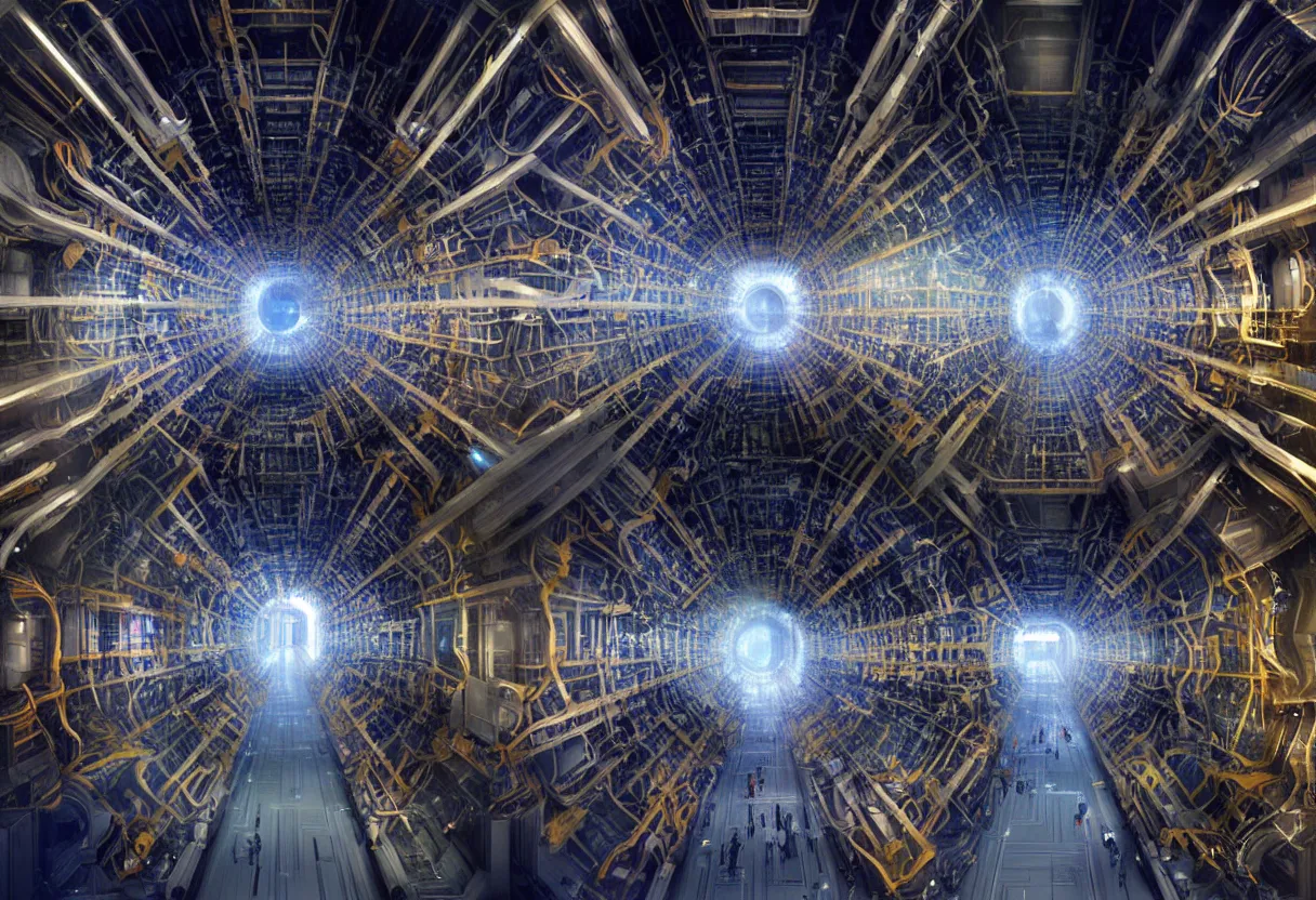 Image similar to inside of cern large hadron collider, pulled apart, ultra high definition, ultra detailed, matte painting, by greg rutkowski and ross tran and wlop