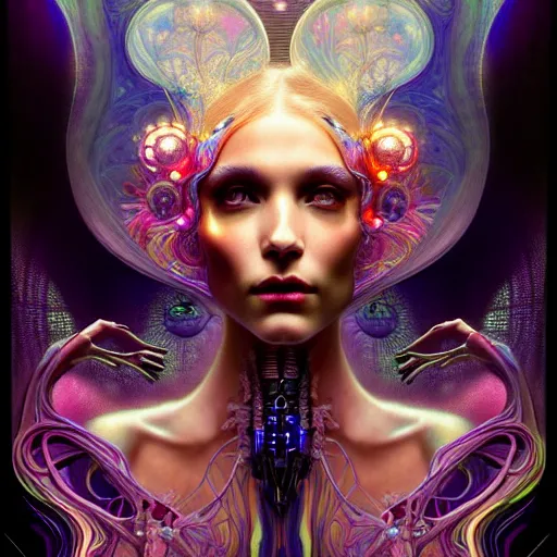 Image similar to extremely psychedelic beautiful cyborg queen of lsd infected by night. intricate, elegant, highly detailed, extremely lifelike photorealistic digital painting, artstation. steichen, gaston bussiere, tom bagshaw, cyberpunk alphonse mucha. elegant minimalism. anatomically correct. sultry. sharp focus. black. surreal lush hallucination