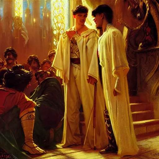 Image similar to attractive fully clothed king confesses his love for his attractive fully clothed male prince. highly detailed painting by gaston bussiere, craig mullins, j. c. leyendecker