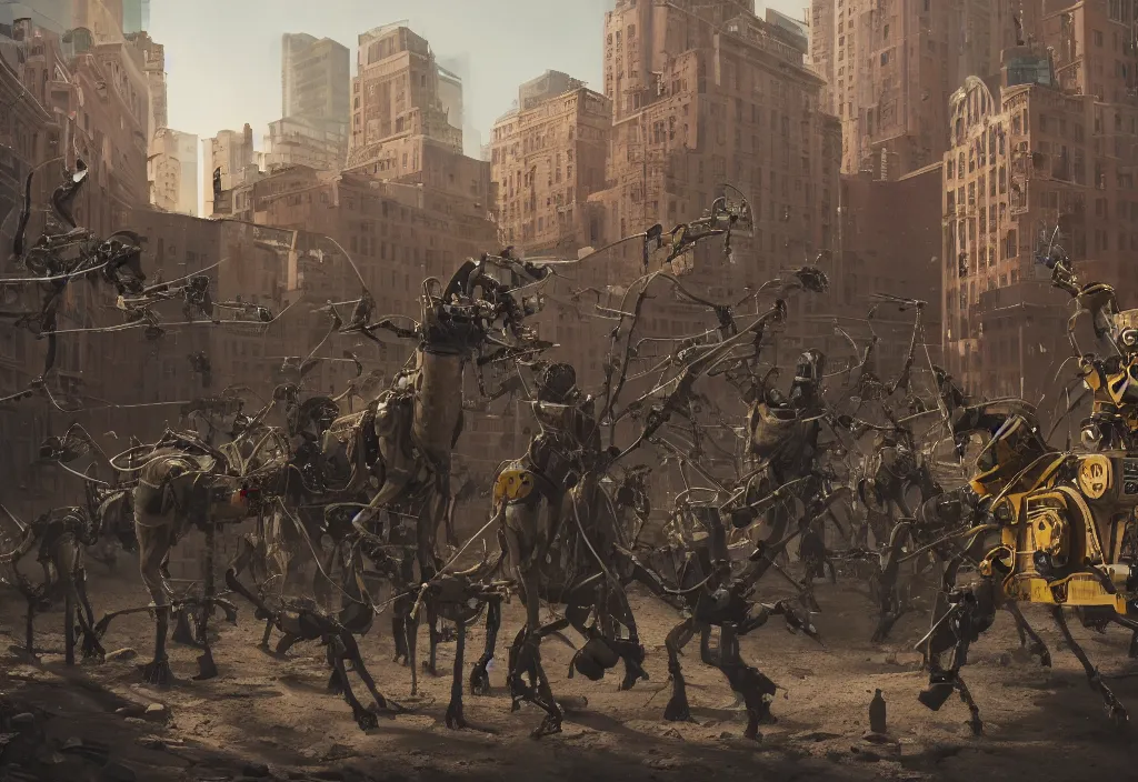 Image similar to accidentally wes anderson award - winning photograph of boston dynamics robots fighting with bureaucrats in suits in city ruins, epic battlescene, 4 k, detailed, art by greg rutkowsky, trending on artstation, cinematic lighting, filmic grain, golden hour, detailed, 4 k