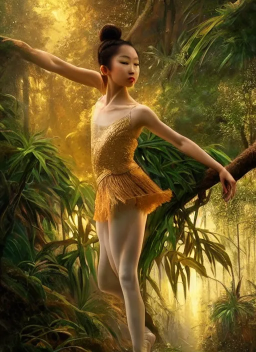 Prompt: stunningly beautiful, asian prima ballerina in jungle, golden hour, smooth, focus, highly detailed, hyper realistic, dramatic lighting, elegant, intricate, concept art, art by wlop, mars ravelo, greg rutowski