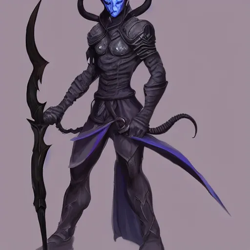 Image similar to D&D character concept art of a cloaked tiefling, tiefling rogue, blue skin color with short horns and a devil tail, fighting pose of a Rogue holding daggers, black cloak hidden in shadows, full body pose, soft colors, fantasy, intricate, elegant, highly detailed, digital painting, artstation, concept art, smooth, sharp focus, illustration, wide angle shot, full body visible, art by artgerm and H R Giger and alphonse mucha