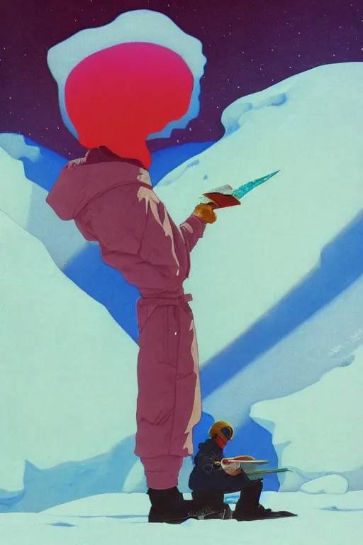 Prompt: a closeup portrait of a young siberian man eating a blotter paper of LSD acid and dreaming psychedelic hallucinations in the vast icy landscape of Antarctica, by kawase hasui, moebius and Edward Hopper, colorful flat surreal design, hd, 8k, artstation