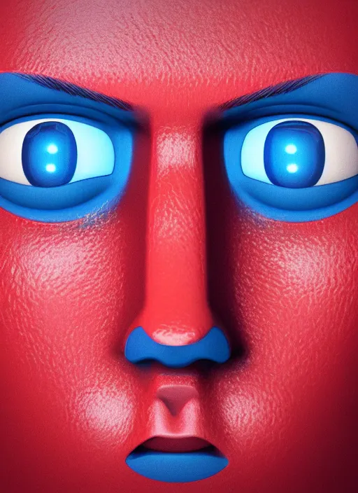 Image similar to a close up of a red mans face with blue eyes, an album cover by jacob toorenvliet, featured on behance, cubo - futurism, rendered in cinema 4 d, sketchfab, rendered in maya, red shift, synthwave, by enguerrand quarton, by alesso baldovinetti, 3 d render, holography,