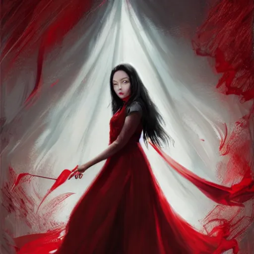 Prompt: stunning comic book style portrait painting of Long Black Haired asian woman wearing red dress, red eyes, in the style of WLOP, 8k masterpiece, cinematic lighting, pristine clean design, high fantasy, insanely detailed, atmospheric,