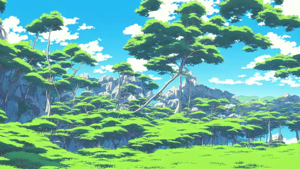 Image similar to beautiful landscape scenery by miyazaki, anime poster, cel shaded