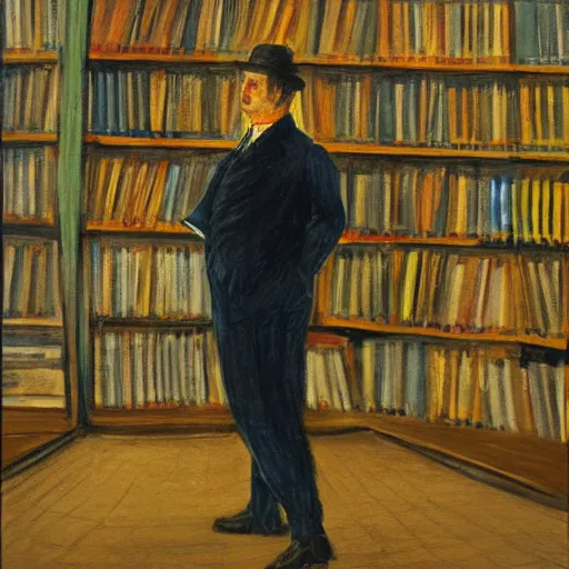 Image similar to a painting of a man in a suit in a city of bookshelves by harriet backer, trending on artstation