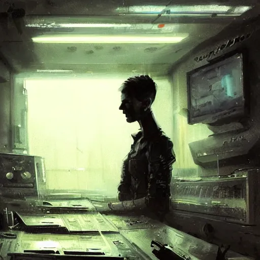 Image similar to concept art by greg rutkowski, a very tall, and slender man with short black hair, sitting with the crew in the ship's control room, brutalist futuristic interior, dark lighting atmosphere, detailed portraits, nostalgic atmosphere, scifi, digital painting, artstation, concept art, smooth, sharp foccus ilustration, artstation hq