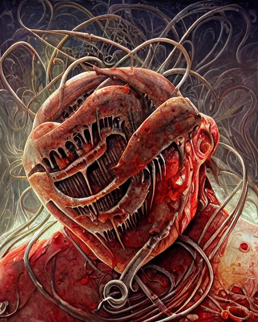 Prompt: bloody fleshmetal hamburger, by antonio j. manzanedo, giger, alex grey, android jones, wayne barlowe, philippe druillet, raymond swanland, cyril rolando, josephine wall, harumi hironaka, trending on artstation