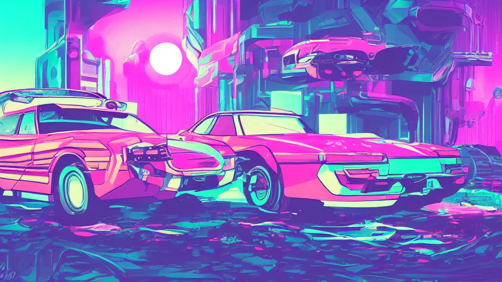 Prompt: an retrowave cyberpunk car on the moon, pastel, colorful, bright, cartoony, digital art