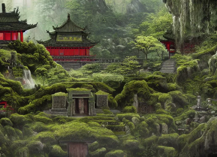 Image similar to A very detailed matte painting of mysterious ancient Chinese temple overgrown with moss, lush plants, verdan trees, breathtaking, hyper-realistic, volumetric lighting, 4k resolution, digital art, trending on Artstation