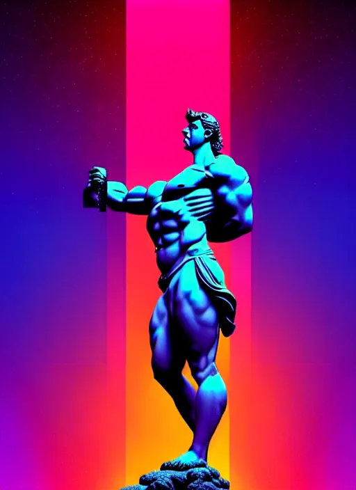 Image similar to statue of hercules, beeple, android jones, liam wong, ( ( ( ( ( dan mumford ) ) ) ) ), vaporwave, retrowave, black background, thin neon lines, black, glitch, strong contrast, cuts, pinterest, trending on artstation