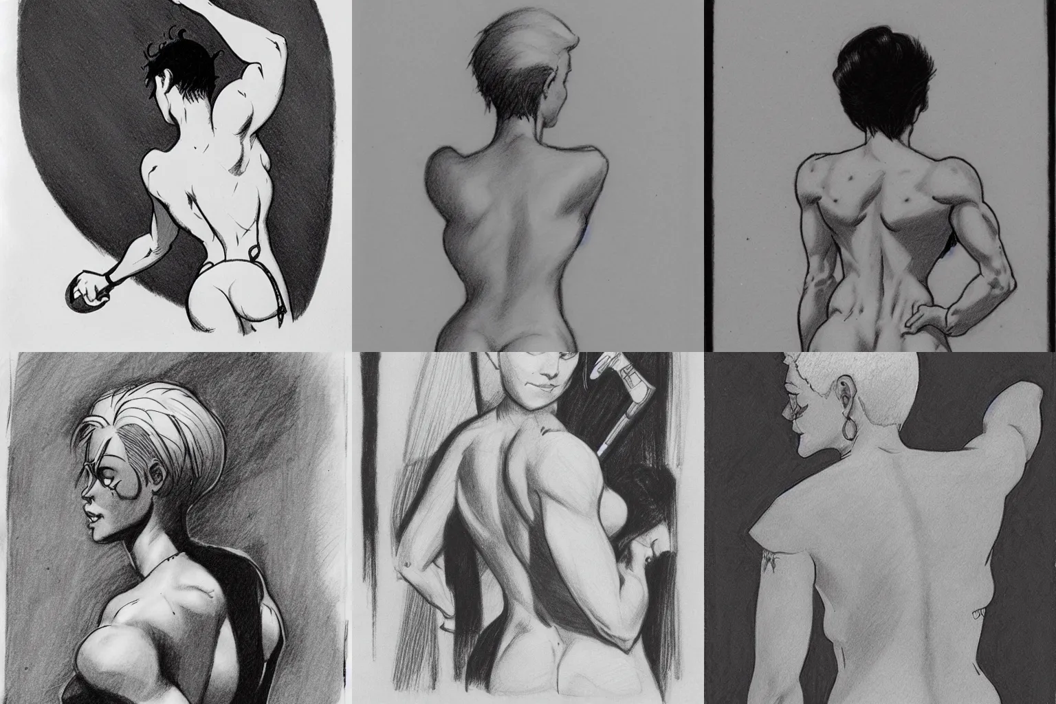 Prompt: the lower back of an attractive woman with short white hair. pencil drawing by mike mignola