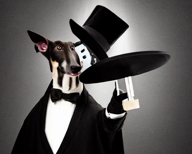 Image similar to greyhound wearing a black cloak and a top hat, under a spotlight, magician dog performing on stage