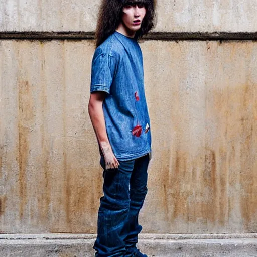 Image similar to teenage bboy, long shaggy hair permed hair, double denim, heavy rocker, 2 0 2 2 photograph