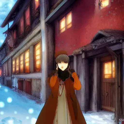 Prompt: anime woman in the winter in an old russian town, by Makoto Shinkai