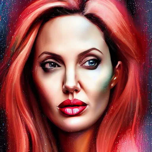 Prompt: a digital painting of angelina jolie in the rain with red and blonde hair, cute - fine - face, pretty face, cyberpunk art by sim sa - jeong, cgsociety, synchromism, detailed painting, glowing neon, digital illustration, perfect face, extremely fine details, realistic shaded lighting, dynamic colorful background