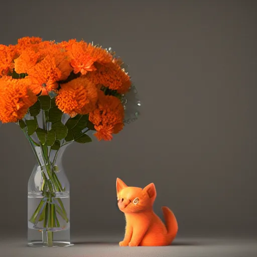 Image similar to A cute little orange kitten sits on a plush heart-shaped pillow with a pattern of flowers, cinematic lightning, medium shot, mid-shot, highly detailed, trending on Artstation, Unreal Engine 4k, cinematic wallpaper, Digital art, octane render, unreal engine, realistic. beautiful lighting, sharp, details, hyper-detailed, HD, HDR, 4K, 8K, masterpiece, bokeh