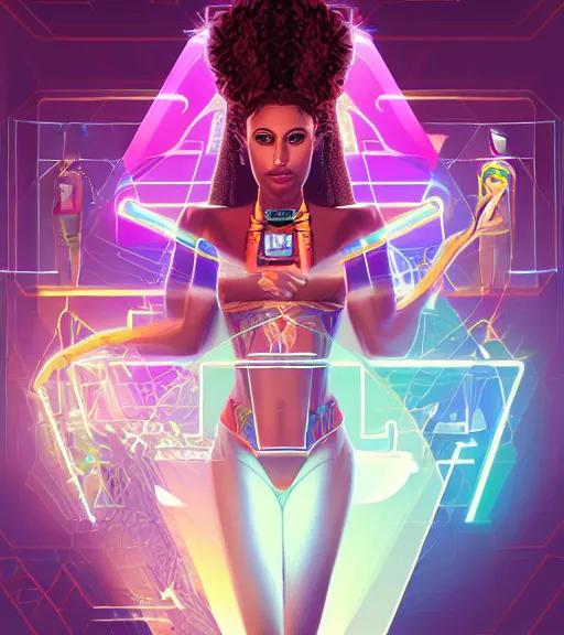 Image similar to symmetry!! egyptian princess of technology, solid cube of light, hard edges, product render retro - futuristic poster scifi, lasers and neon circuits, beautiful brown skin woman egyptian princess, intricate, elegant, highly detailed, digital painting, artstation, concept art, smooth, sharp focus, illustration, dreamlike, art by artgerm