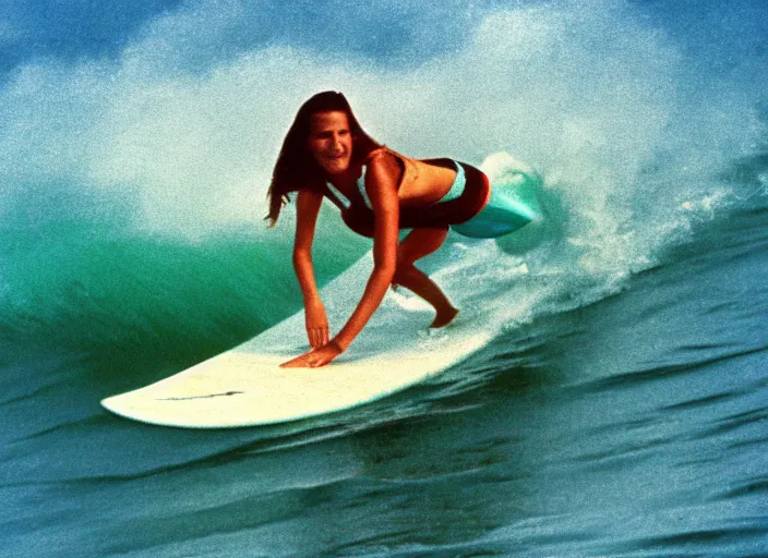 Prompt: color photo. surfer girl riding a big wave in the 8 0's. shark in the water