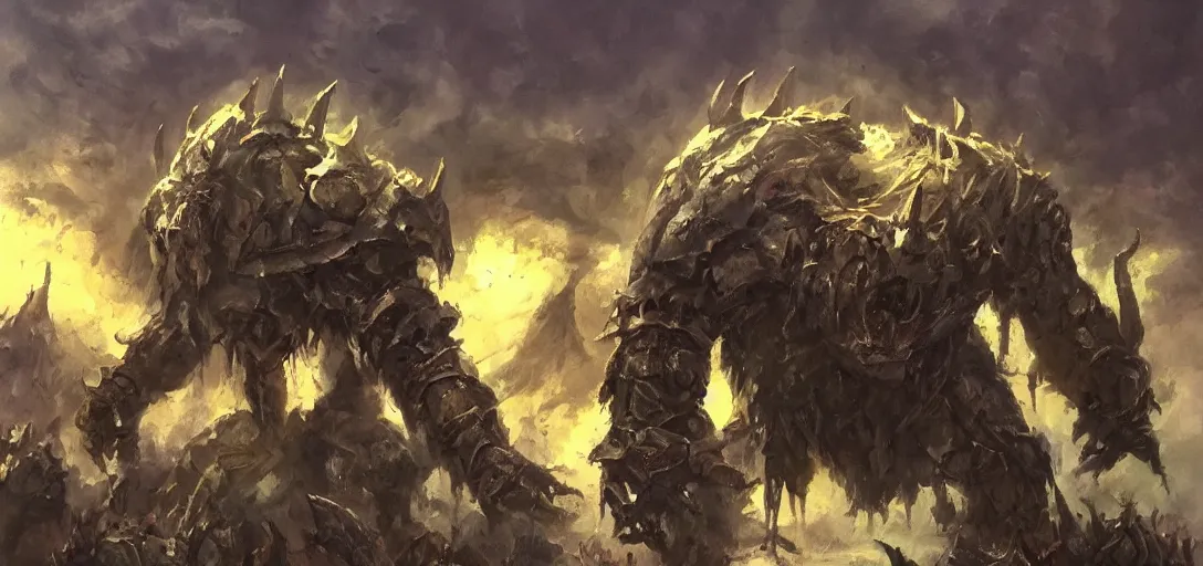 Image similar to oil painting of a single giant orc in futuristic armor roars as it steps over it's fallen enemy's bodies