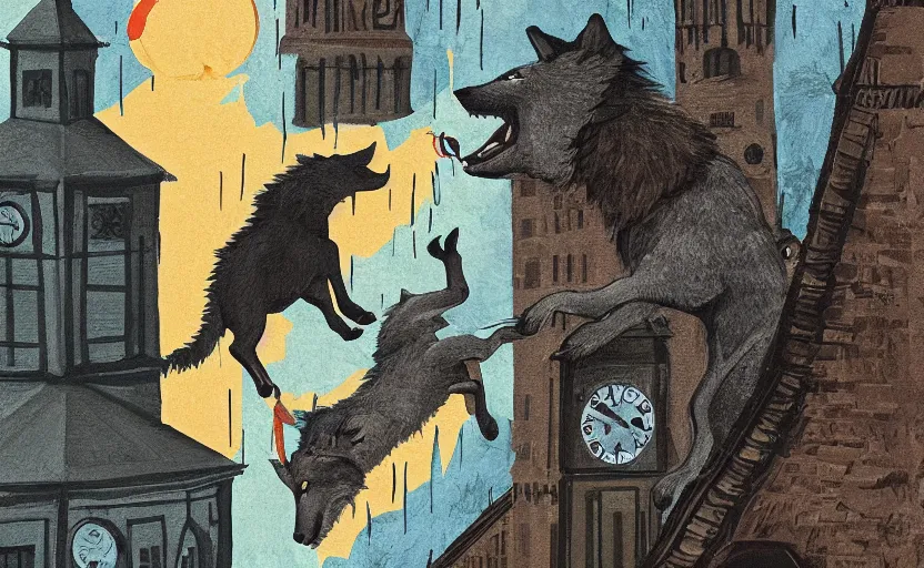 Prompt: a boy fighting a wolf on the edge of a clocktower, digital gouache, print