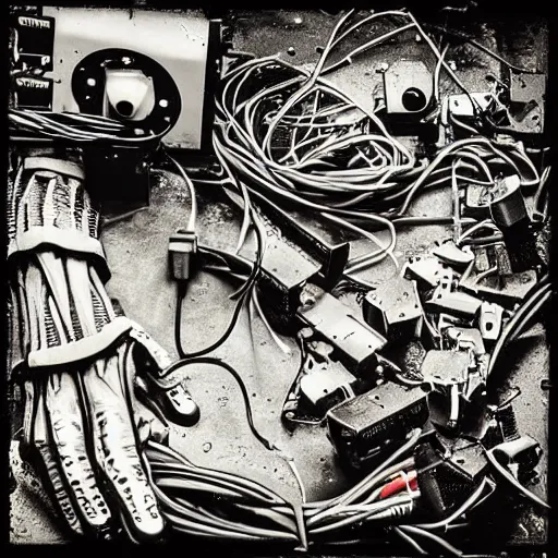 Prompt: boken machines, wiring cables, tendons, electrical damage, trashcore, grime grunge