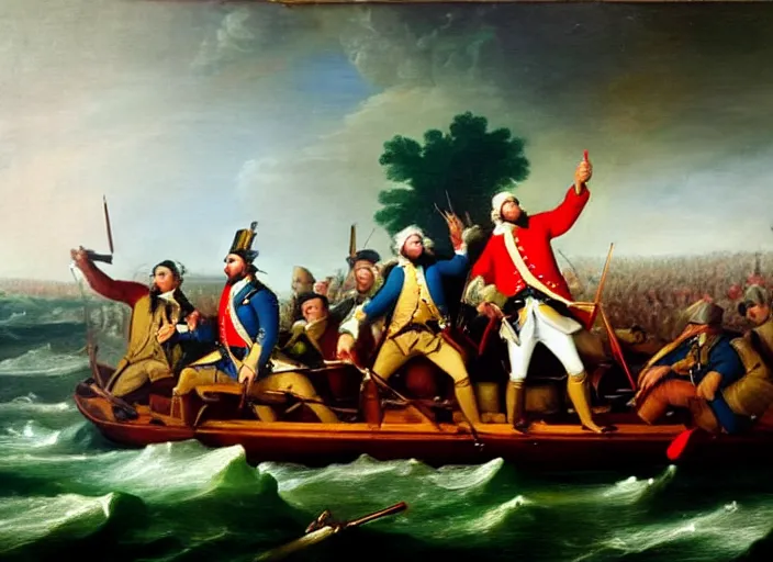 Prompt: oil painting of Washington Crossing the Delaware but everyone is looking at cell phones and Washington is taking a selfie