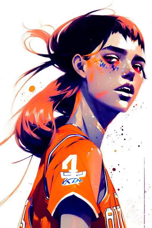 Prompt: a ultradetailed beautiful panting of a stylish girl in a knicks jersey, by conrad roset, greg rutkowski and makoto shinkai, trending on artstation