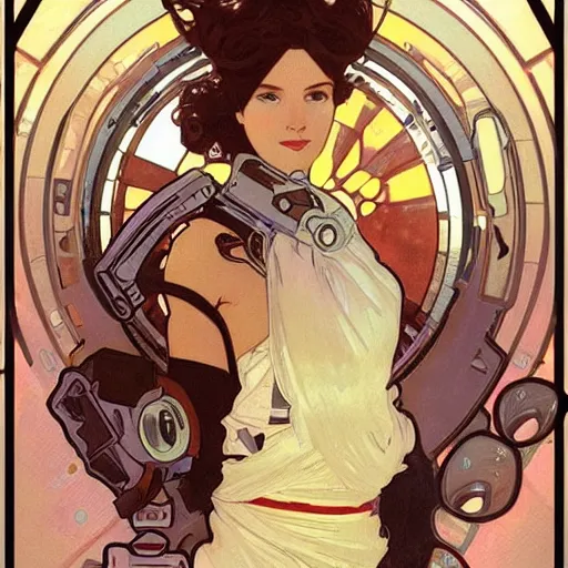 Prompt: a beautiful portrait of a space bounty hunter by Alphonse Mucha trending on Artstation