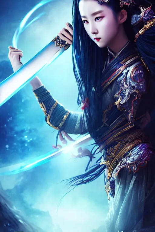 Image similar to beautiful cinematic fantasy poster, wuxia sword dance heroine, beautiful glowing galaxy eyes, hybrid from Dynasty Warriror and art direction by tian zi, WLOP, Darius Zawadzki cinematic quality character render; low angle; ultra high quality model; production quality cinema model;