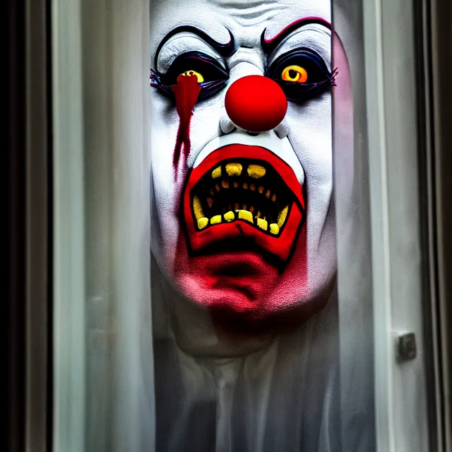 Image similar to far away shot of a scary clown looking through your window, highly detailed, 8 k, hdr, smooth, sharp focus, high resolution, award - winning photo