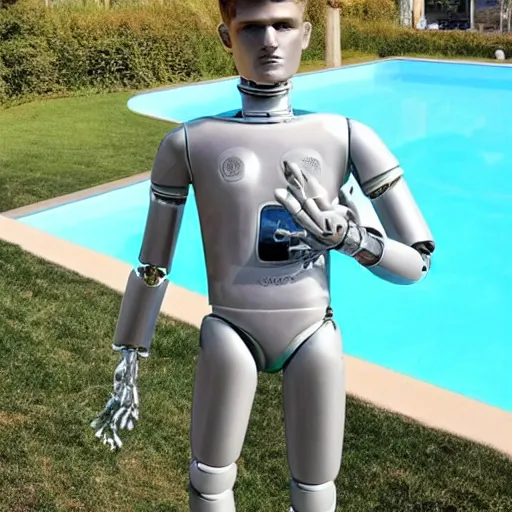 Image similar to a realistic detailed photo of a guy who is an attractive humanoid who is half robot and half humanoid, who is a male android, soccer player timo werner, shiny skin, posing like a statue, blank stare, by the pool, on display, showing off his muscles, humanoid robot, frozen ice statue, made of ice