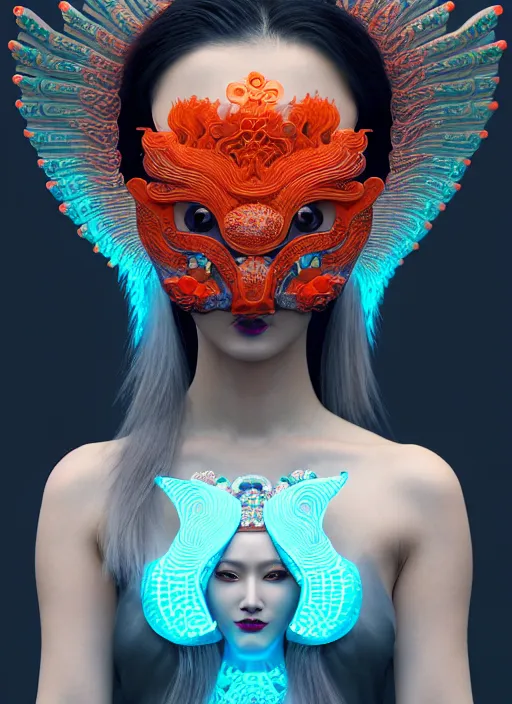 Image similar to 3 d goddess medium shot profile portrait. beautiful intricate highly detailed korean gumiho mask and traditional korean hanbok. stingray, magpie, bioluminescent, plasma, lava, ice, water, wind, creature, fog, artwork by tooth wu and wlop and beeple and greg rutkowski, 8 k trending on artstation,