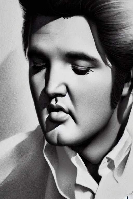 Image similar to elvis presley, gorgeous, ethereal, close - up portrait, intricate, elegant, volumetric lighting, scenery, pencil drawing, highly detailed, artstation, sharp focus, illustration, concept art, ruan jia, steve mccurry