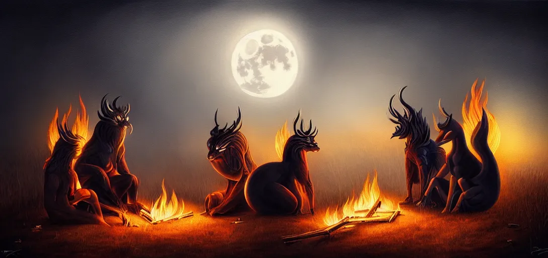 Image similar to strange mythical beasts of sitting around a fire under a full moon, surreal dark uncanny painting by ronny khalil