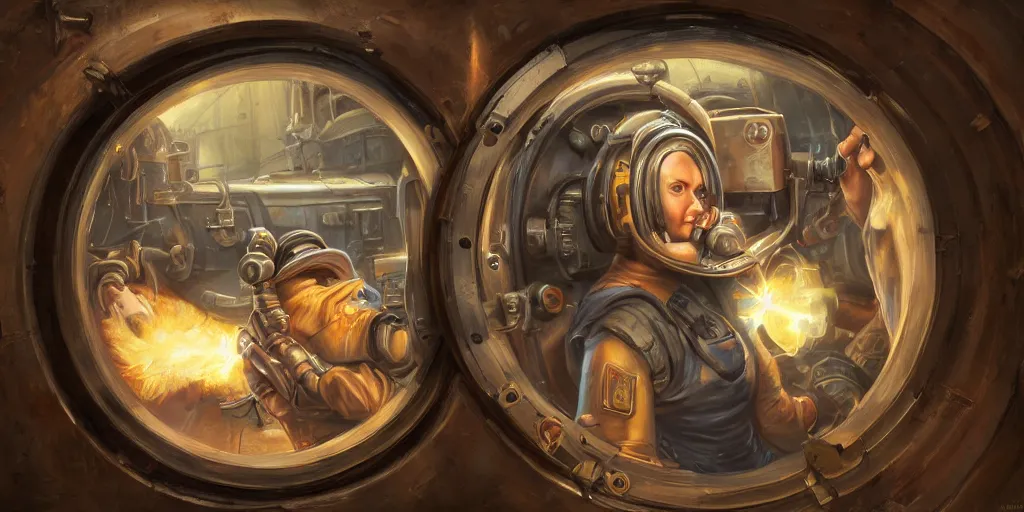 Image similar to highly detailed portrait painting of welder and angelina joile, mono single eye in porthole, by eddie mendoza and tyler edlin, 8 k resolution