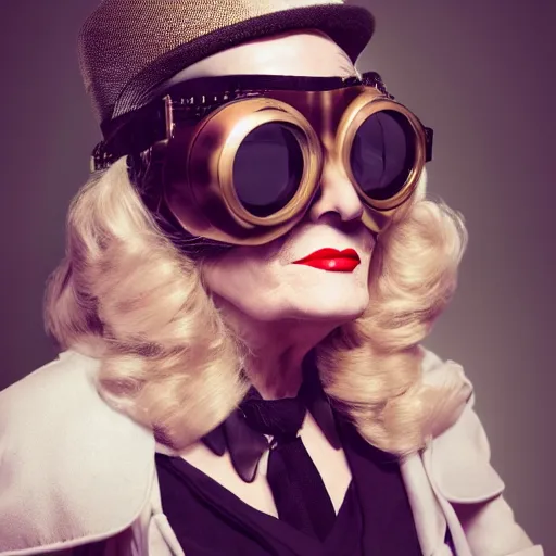 Prompt: dslr photo portrait still of marlene dietrich wearing steampunk goggles, 8 5 mm, f 1. 8, photorealistic, 4 k, octane render,