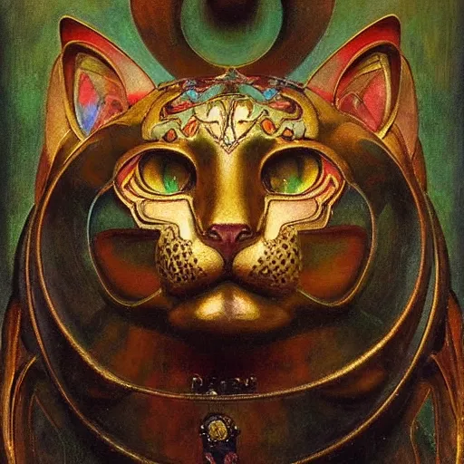 Image similar to masterpiece sculpture of an ornate bejeweled mechanical cat head, by annie swynnerton and diego rivera and nicholas roerich and jean delville, symbolist, dramatic lighting, god rays, elaborate geometric ornament, art brut, rich colors, smooth, sharp focus, extremely detailed, adolf wolfli and ( donato giancola )