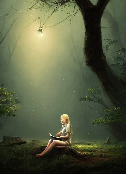 Prompt: portrait, blond girl sits in mystical misty forest, reading under a tree, fireflies, dramatic lighting, cinematic, establishing shot, extremly high detail, foto realistic, cinematic lighting, post processed, concept art, artstation, matte painting, style by eddie mendoza, raphael lacoste, alex ross