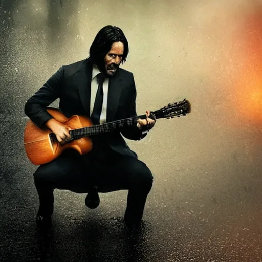 Image similar to john wick playing a guitar in the rain, photorealistic, realistic, dramatic, cinematic, photography