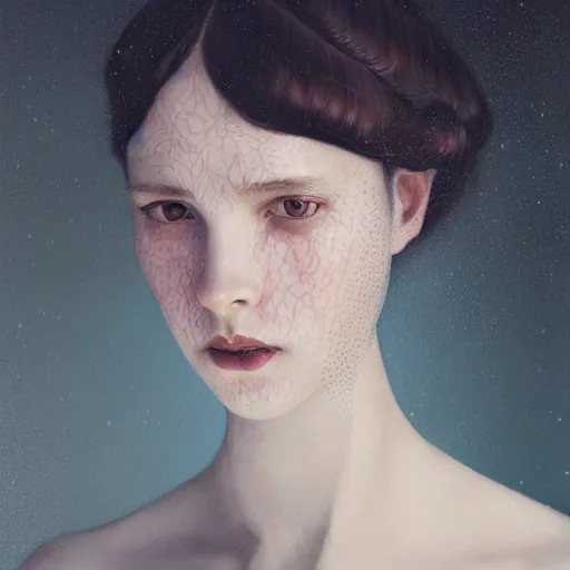 Image similar to stunning close up editorial portrait of a woman, symmetrical face, sci-fi skin, official prada editorial, beautiful pre-raphaelite portrait by charlie bowater, by Hendrik Kerstens, by Zhang Jingna, by norman rockwell, highly detailed