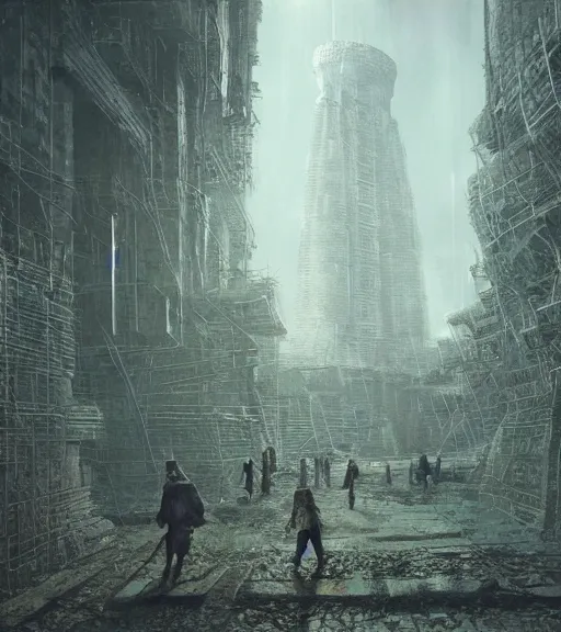 Image similar to andrei tarkovsky cyberpunk greatest scene, ancient tower of babylon, by kentaro miura, hyperrealistic, cyber world, ambient lighting, concept art, hyper - detailed, smooth, octane, ray tracing, cinematic, high quality