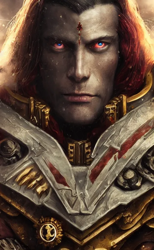 Prompt: warhammer 40k portrait of Emperor of Mankind, young man with beautiful face, long hair, digital art, illustration, fine details, cinematic, highly detailed, octane render, hyperrealistic, 4k