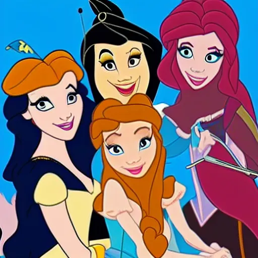 Prompt: disney princesses in a metal band