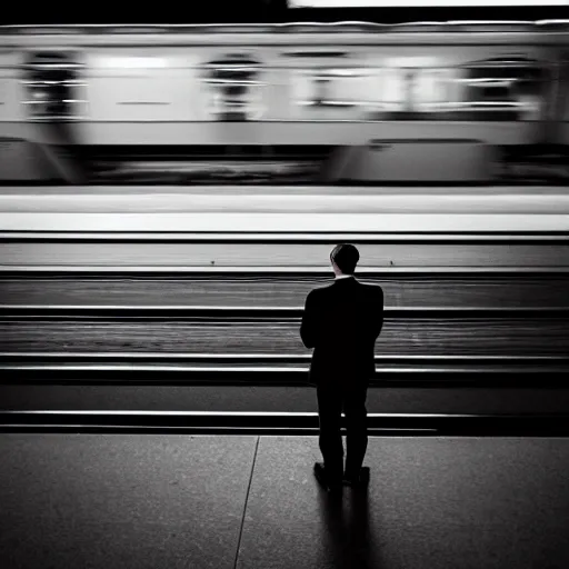 Image similar to a man in a suit waiting at a train station with a view of outer space on the other side of the tracks, award-winning photograph