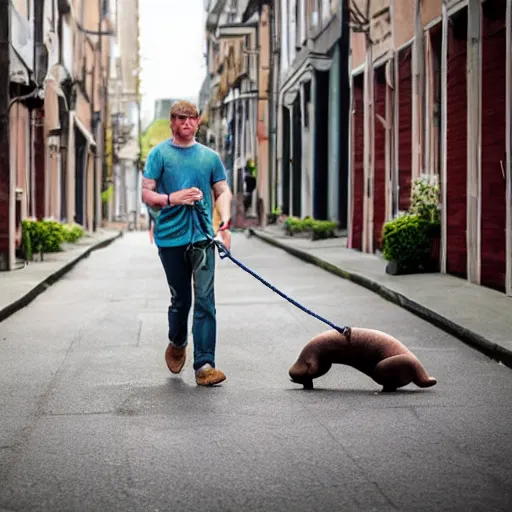 Prompt: Man walking his pet walrus with a leash down the street, realistic, detailed, 8k, hd