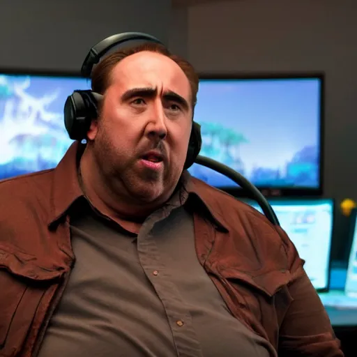 Image similar to obese nicolas cage wearing a headset yelling at his monitor while playing WoW highly detailed wide angle lens 10:9 aspect ration award winning photography