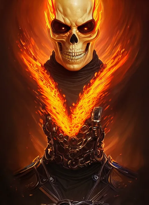 Prompt: Portrait of Ghost Rider, D&D, muscular, fantasy, intricate, elegant, highly detailed, digital painting, artstation, concept art, smooth, sharp focus, illustration, art by artgerm and greg rutkowski and alphonse mucha