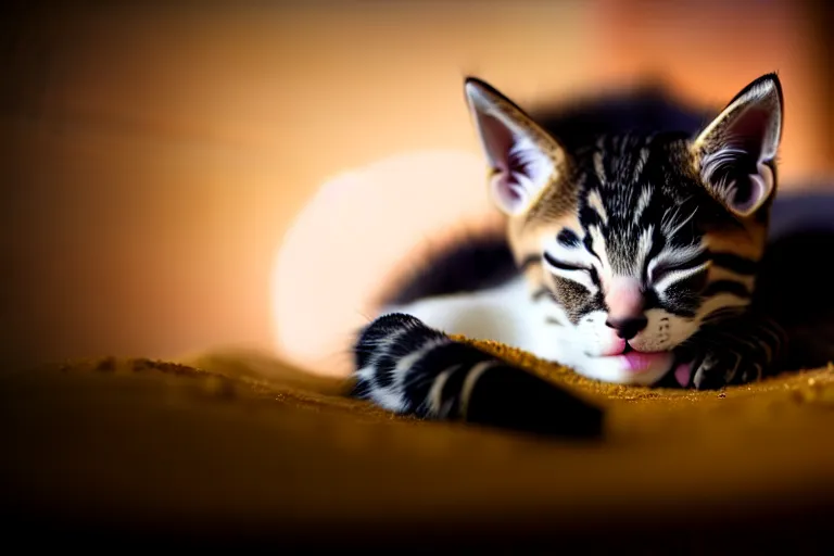 Prompt: sleeping kitten backlit!!! tv!!! shallow depth of field dark room